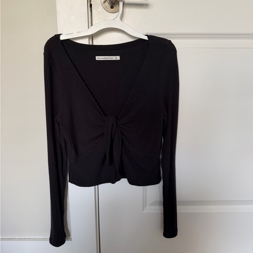 Abercrombie & Fitch Black Ribbed Long-Sleeve Tie-Front Top